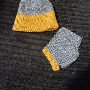 Gray and Yellow Kids Knit Hat and Mittens Set